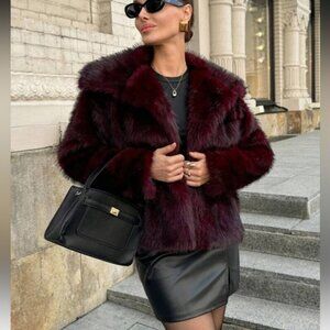PLUS SIZE • Luxury Faux Fur Coat Vintage Style Burgundy Red Maroon
